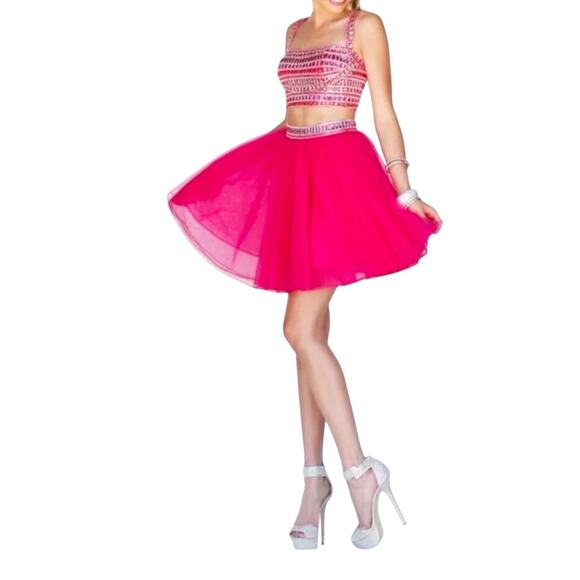 Sherri Hill 2Pc Beaded Crop Tank & Beaded Mini Skirt In Fuchsia Size 0 - Picture 1 of 6